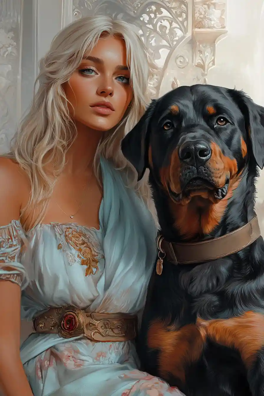 Dreamy girl with rottweiler in soft digital painting