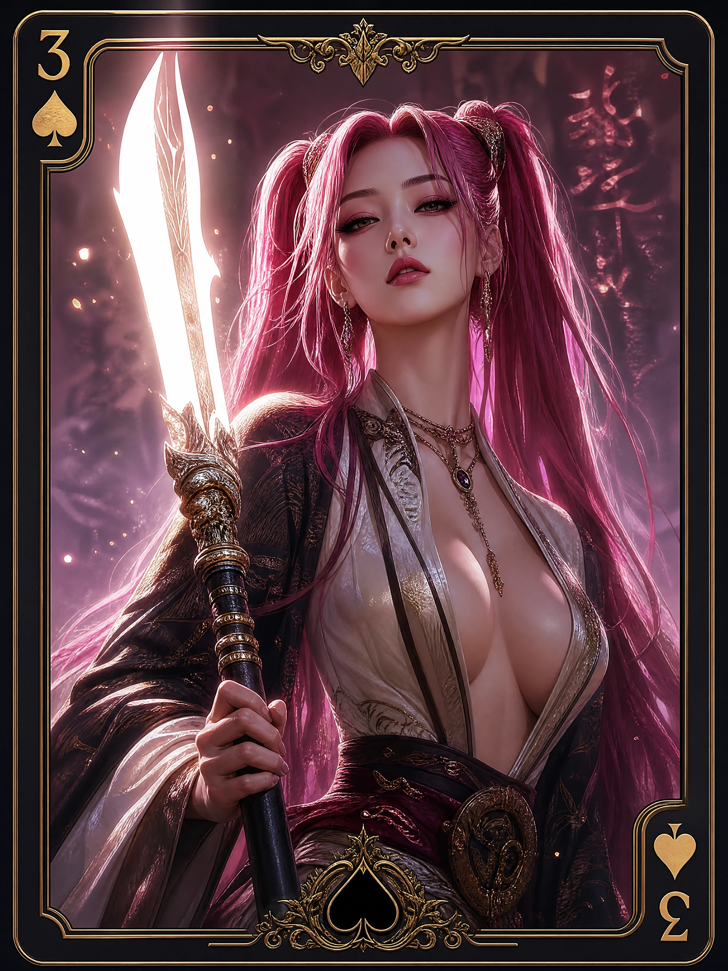 Pink haired warrior woman within three of spades card frame
