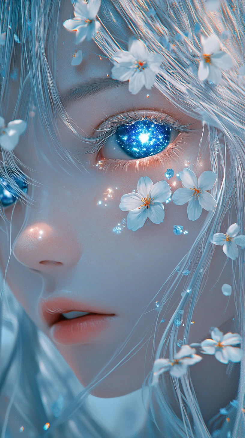 Chica de anime en primer plano con ojo azul galaxia brillante