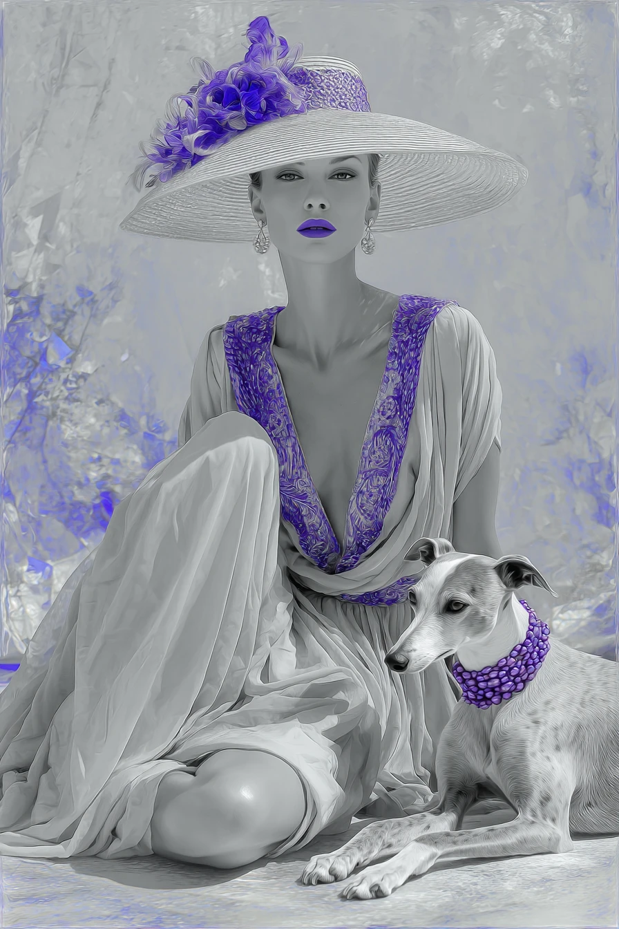 Elegant woman in violet dress with dog on abstract background