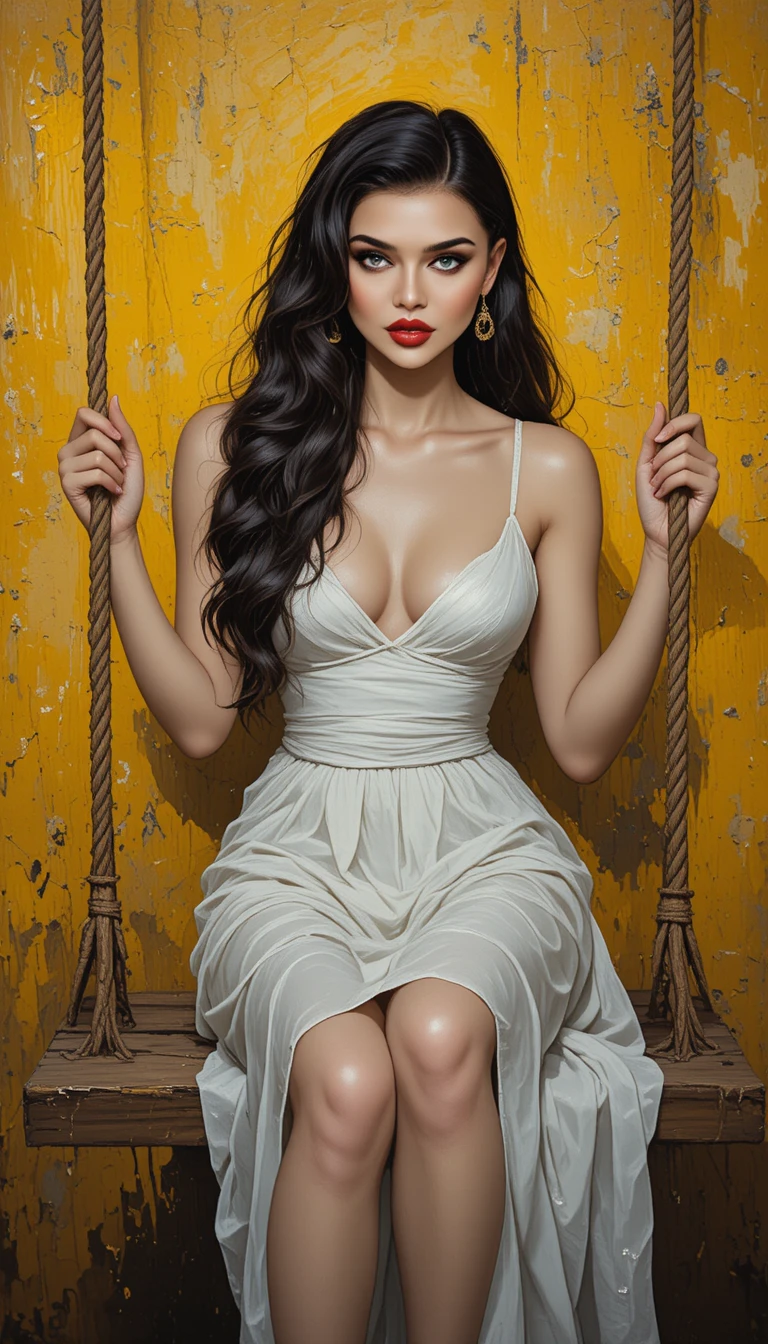 Young woman on a swing before a vibrant yellow wall
