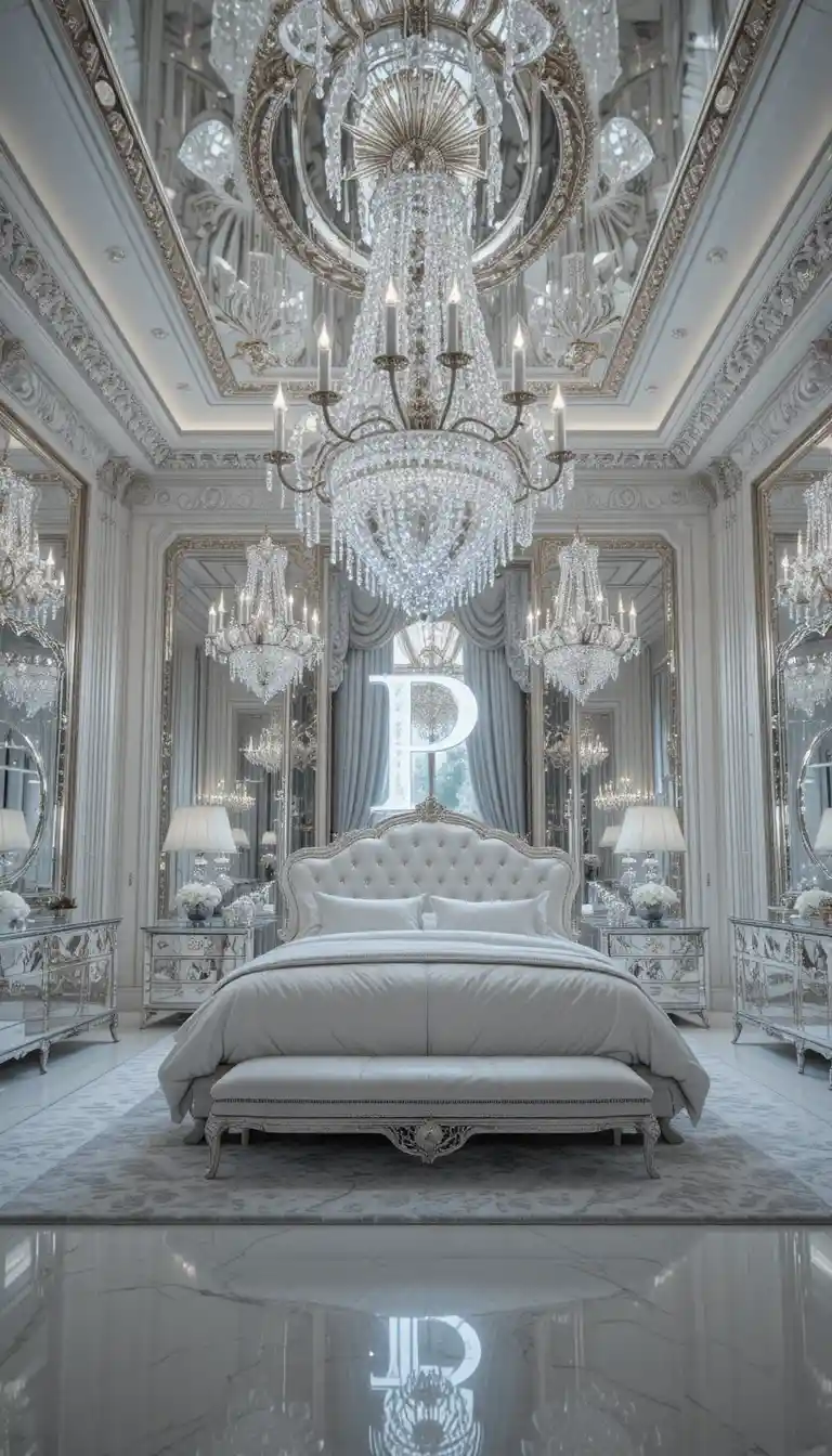 Luxurious crystal bedroom with mirrored walls and chandeliers