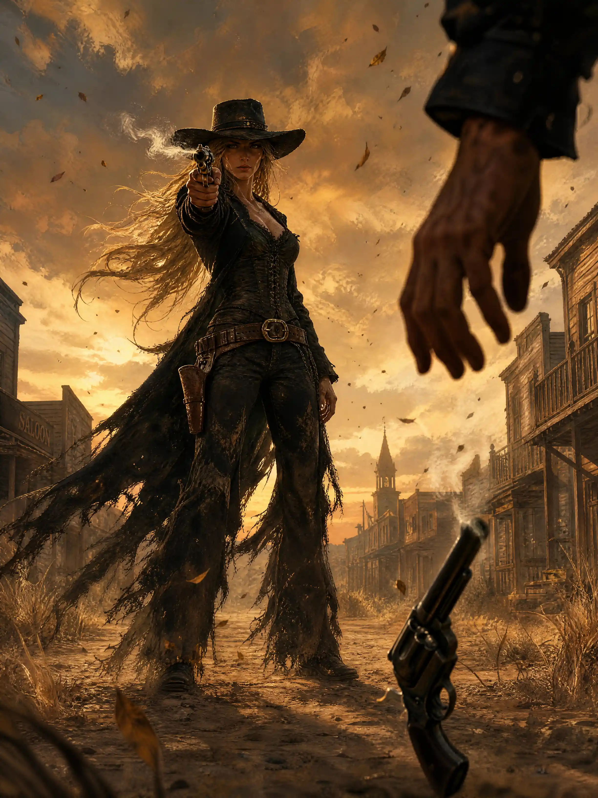 Dusty cowgirl gunslinger aiming her revolver at sunset