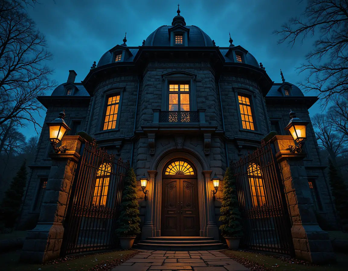 Gothic stone mansion with glowing windows and open iron gates