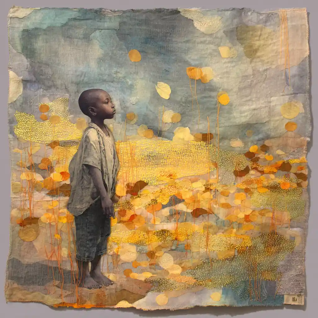 Collage tessile a strati di un bambino solitario in campi di stoffa