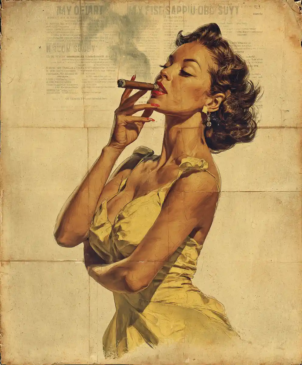 Playful vintage pin up woman smoking a cigar poster