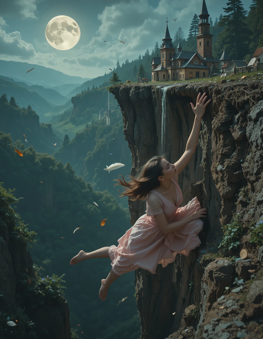 Terrified woman hanging from a cliff above a dark void