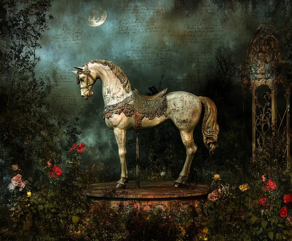 Antique Carousel Horse In A Moonlit Overgrown Victorian Garden