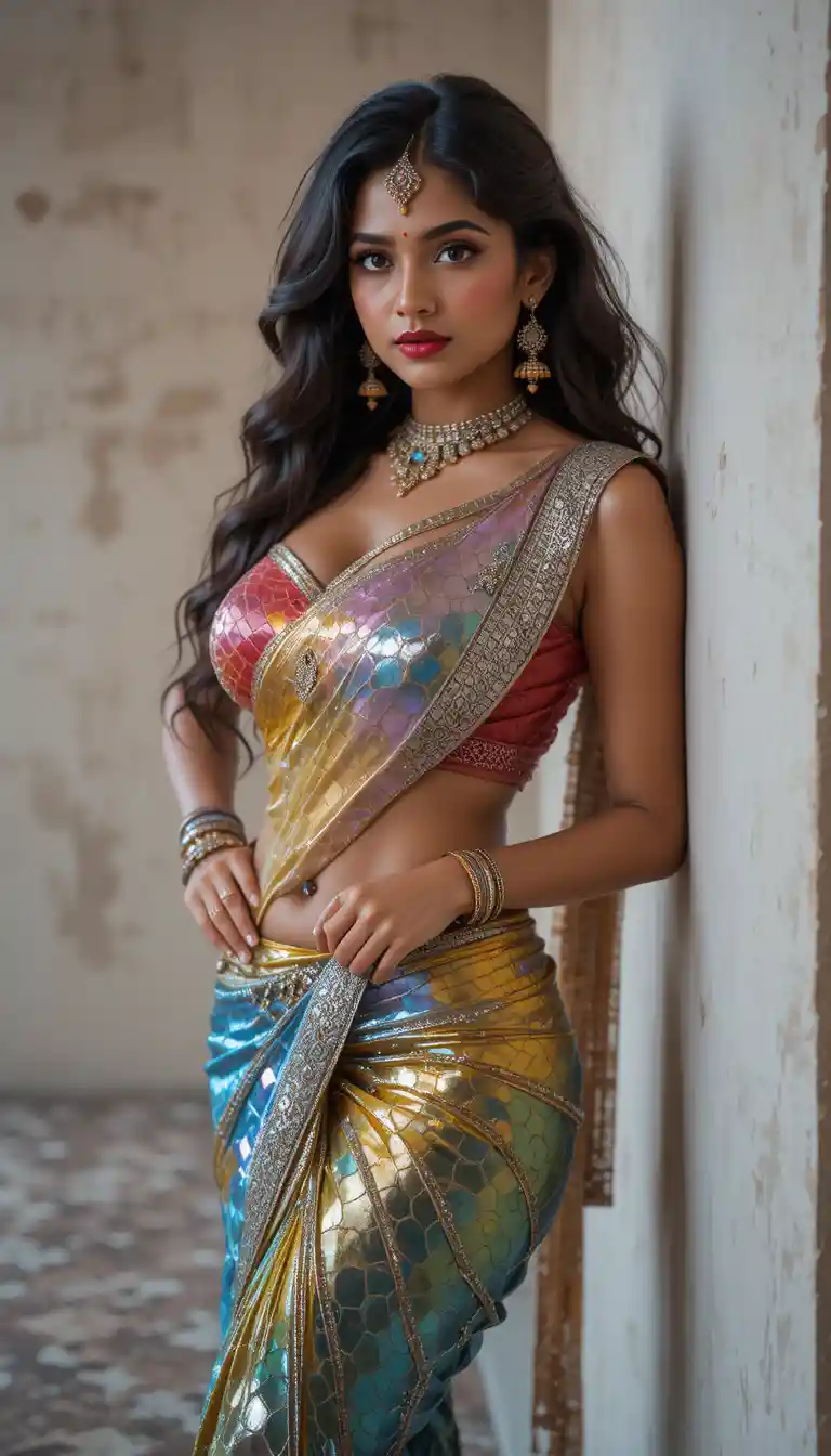 Femme indienne en sari réfléchissant posant dans un intérieur rustique