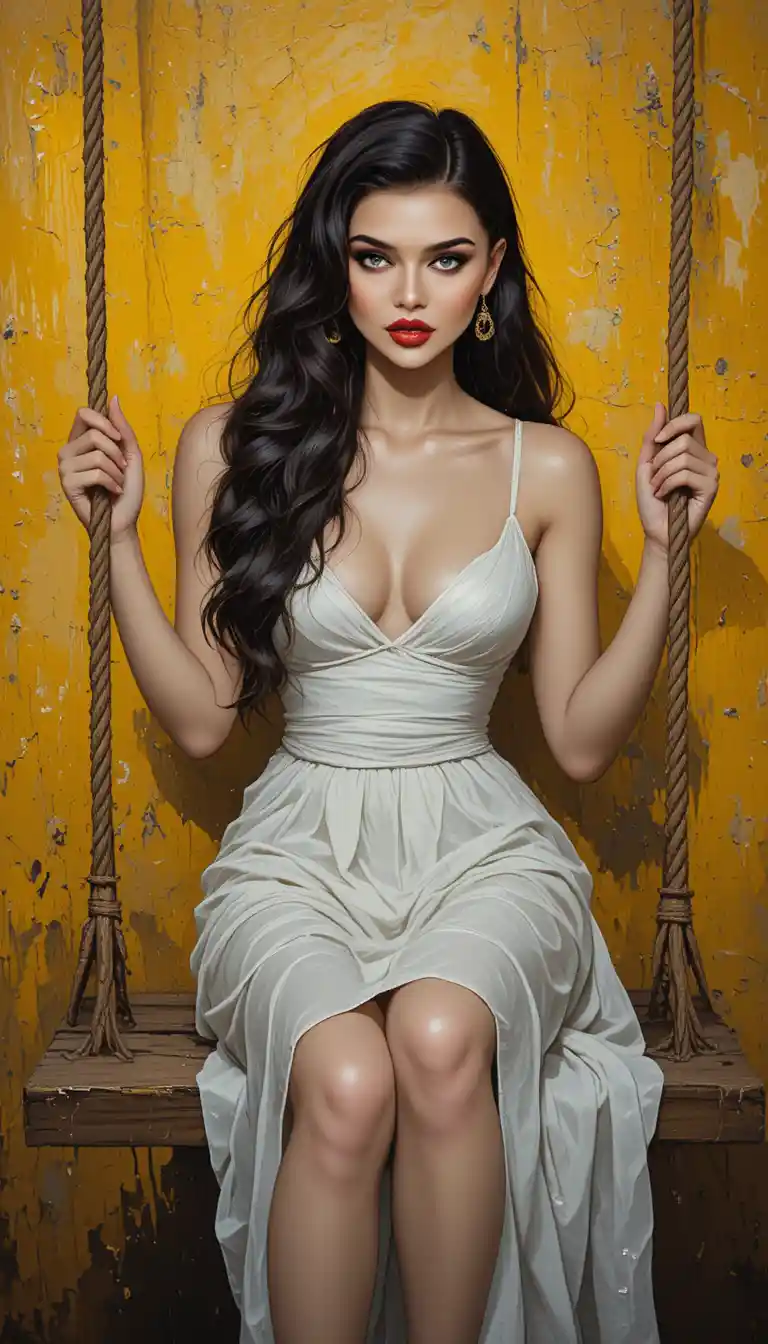 Young woman on a swing before a vibrant yellow wall