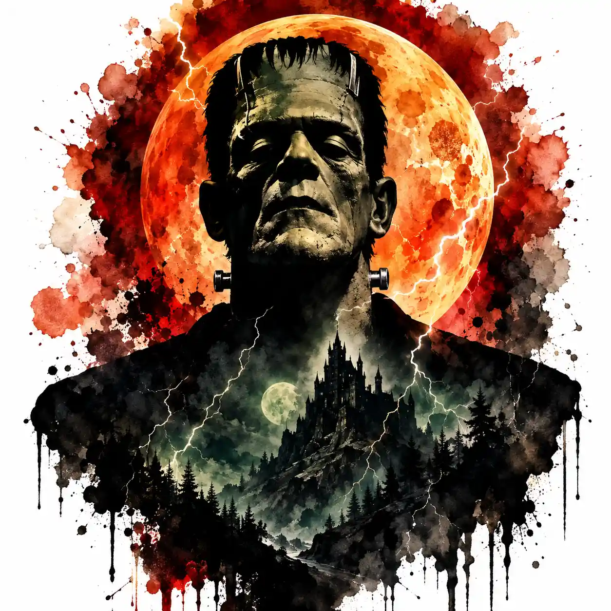 Graphic portrait of a silhouetted Frankenstein monster head