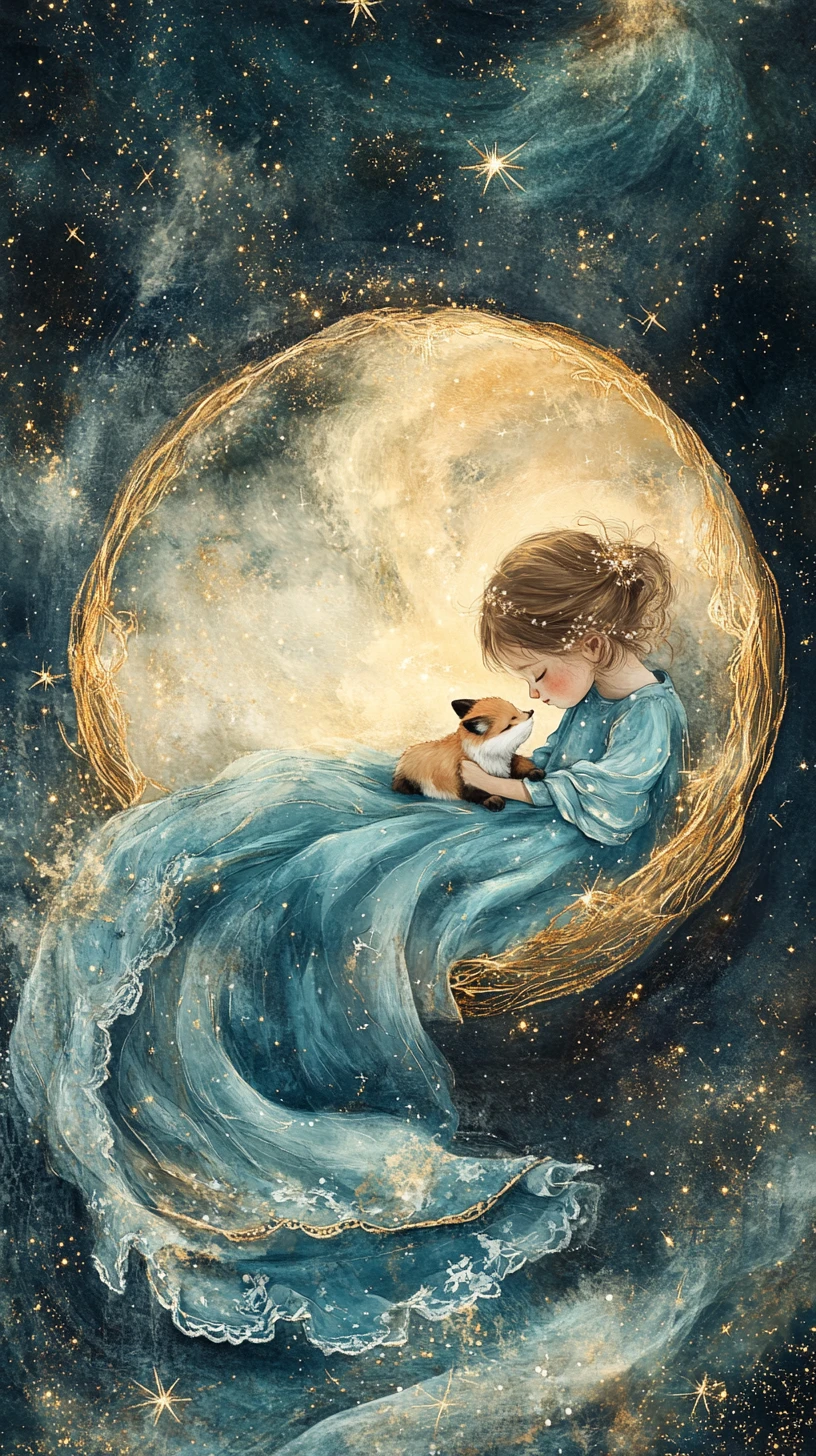 Child wizard cradling baby fox within glowing star