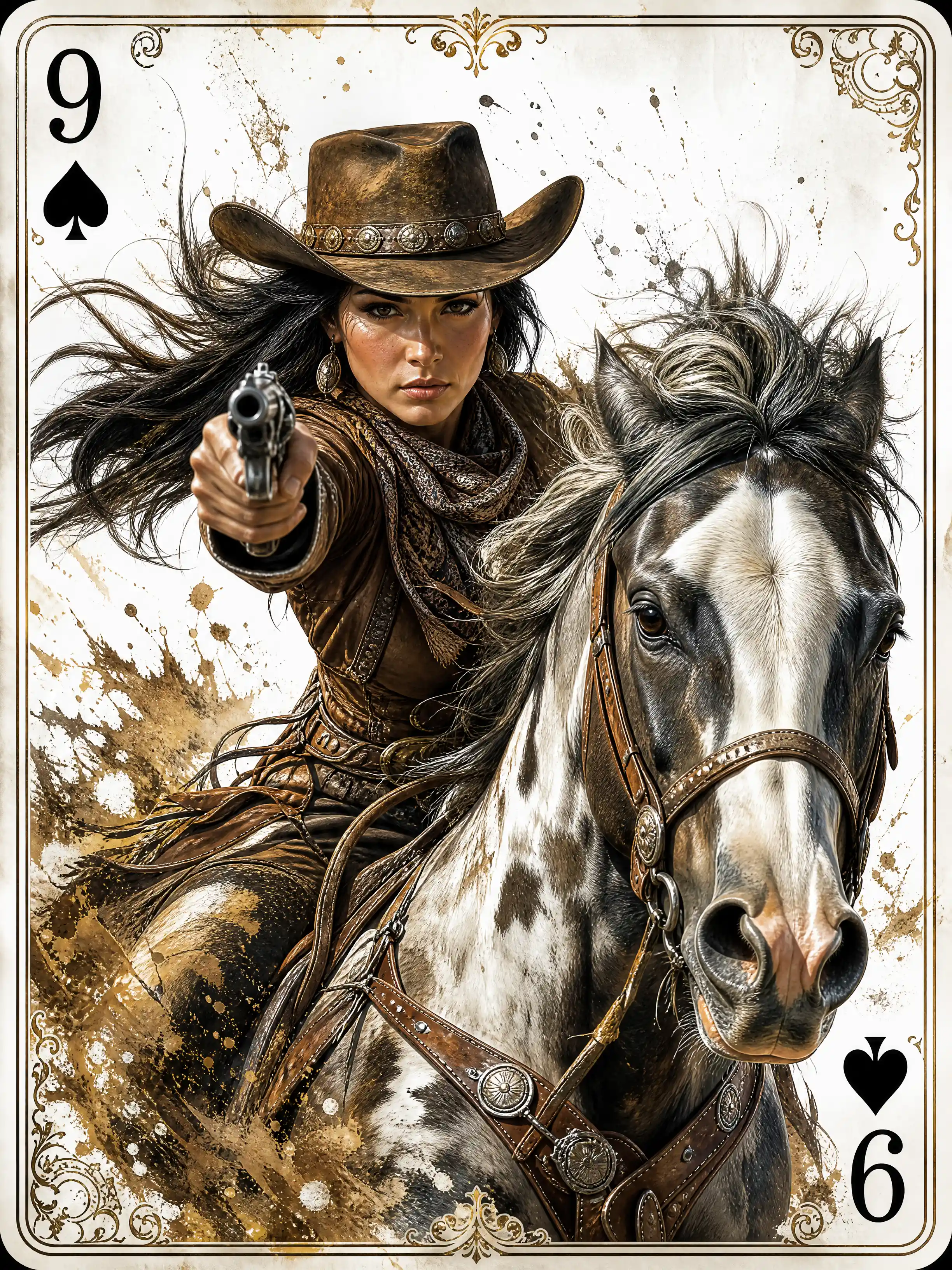 Native cowgirl rider aiming pistol in dynamic close up