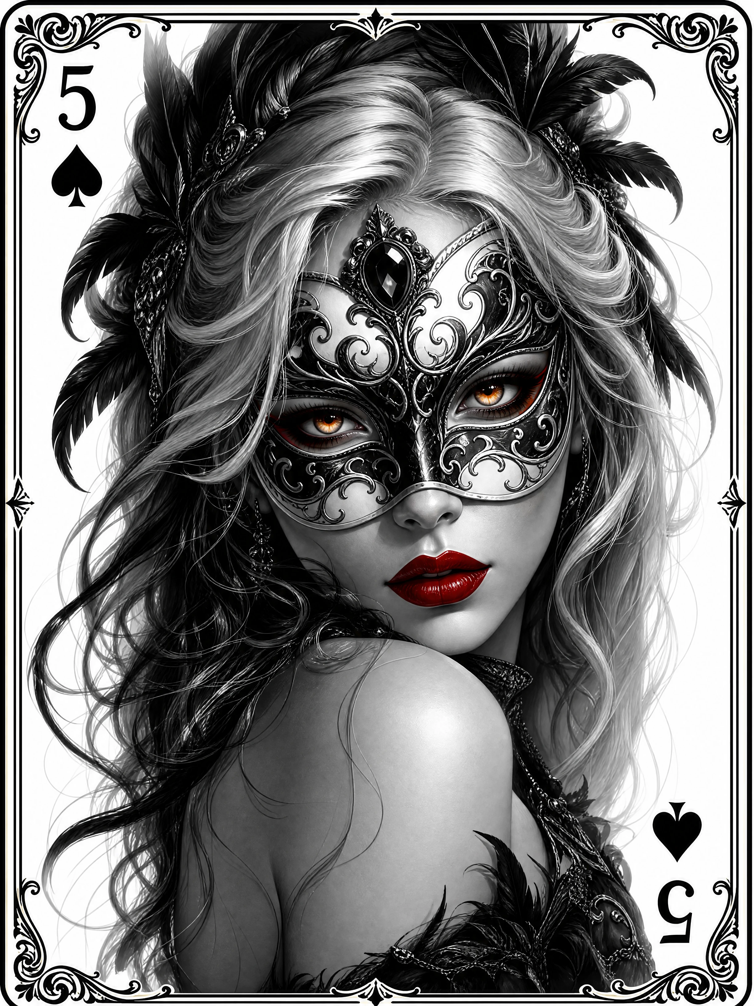 Masked woman portrait within a five of spades frame