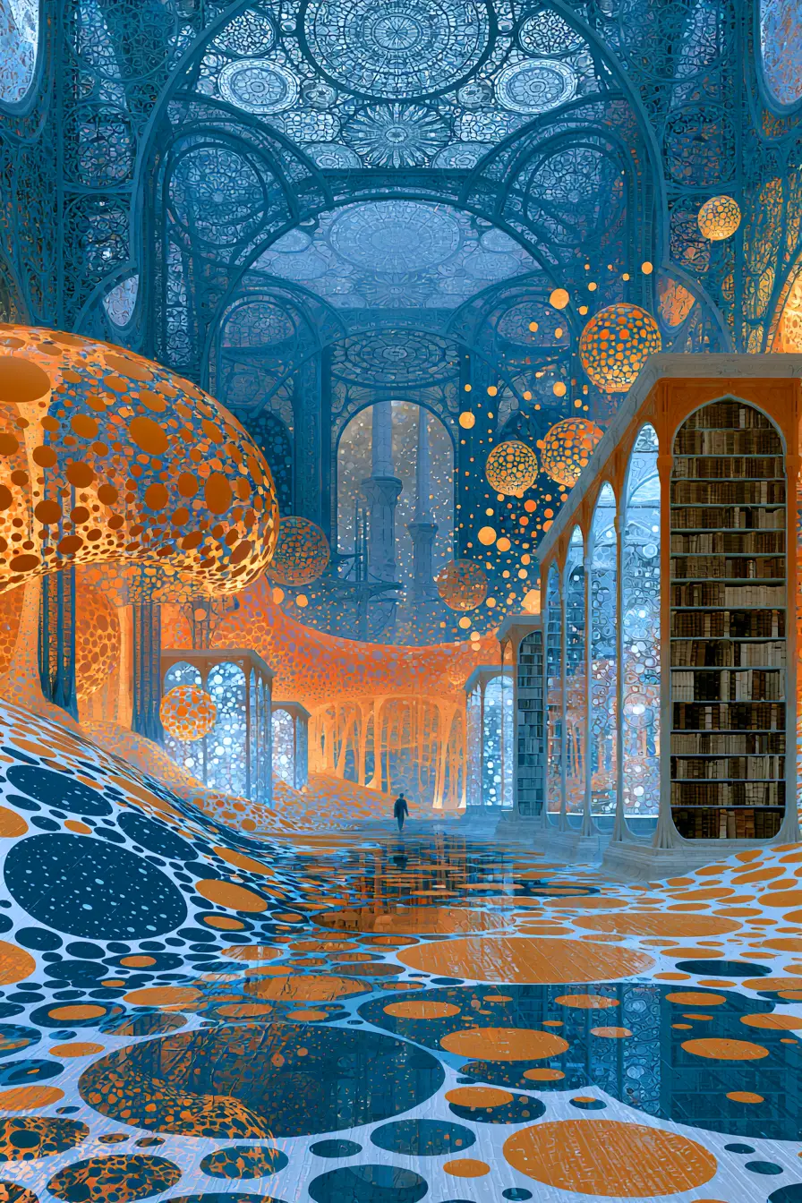 Surreal Atlantis library with holograms and ancient books