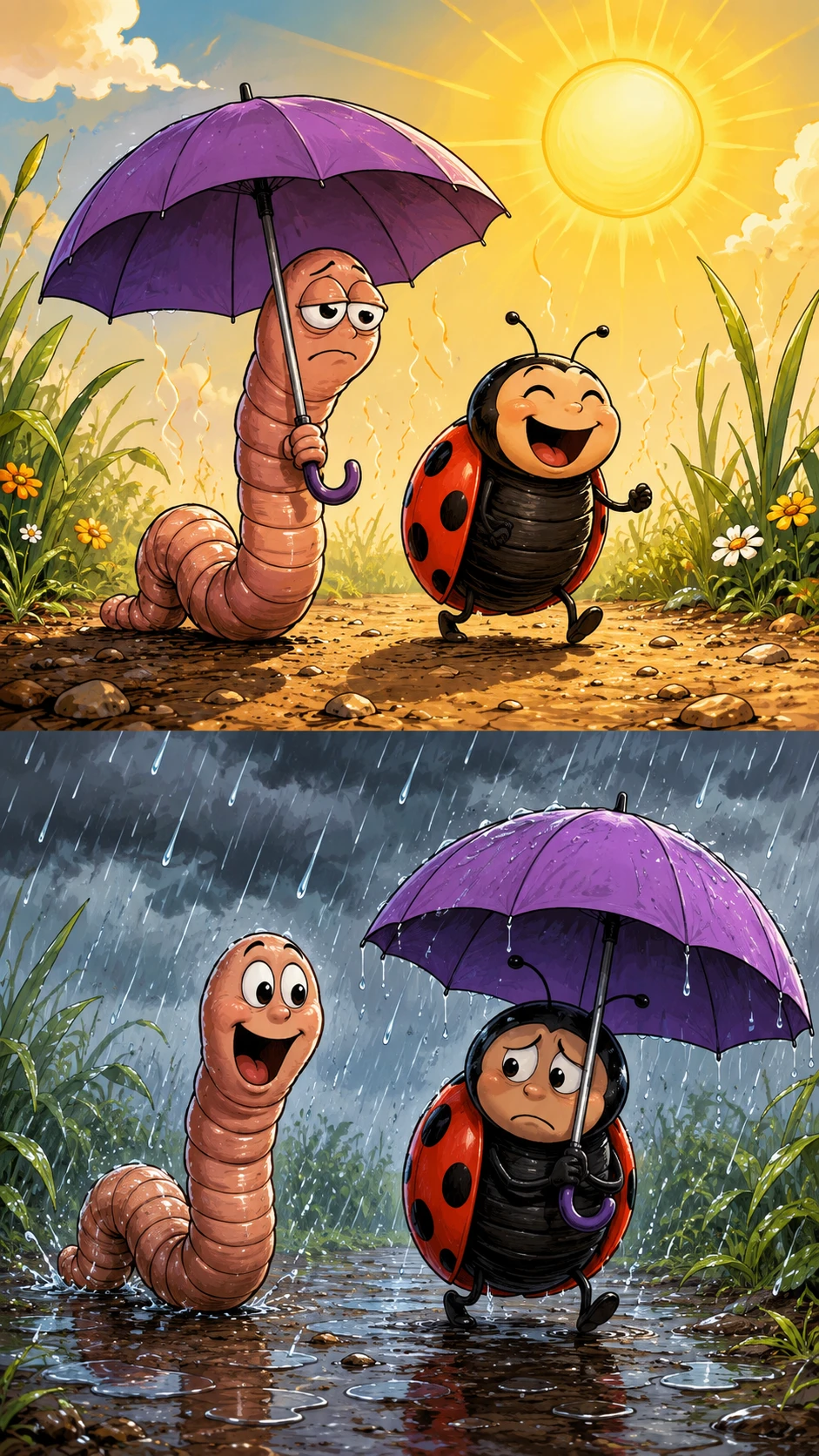 Earthworm And Ladybug Walking Together Under Hot Sun
