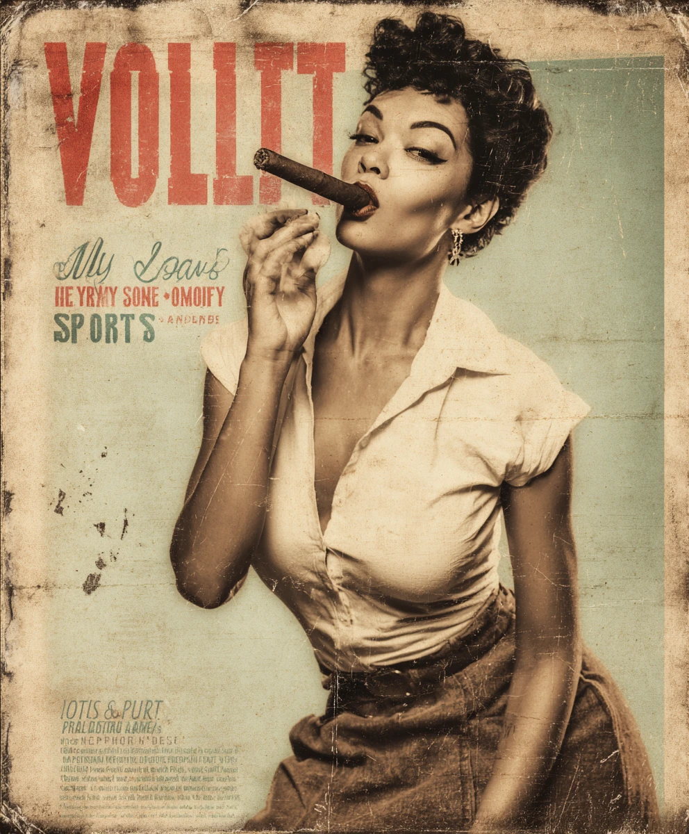Playful vintage woman smoking cigar in retro poster art
