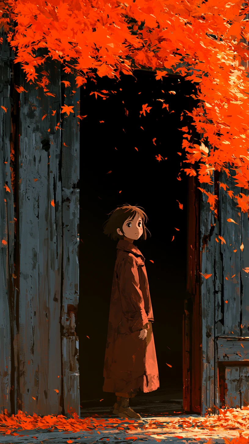 Chica de anime entre hojas de otoño en un oscuro umbral de madera