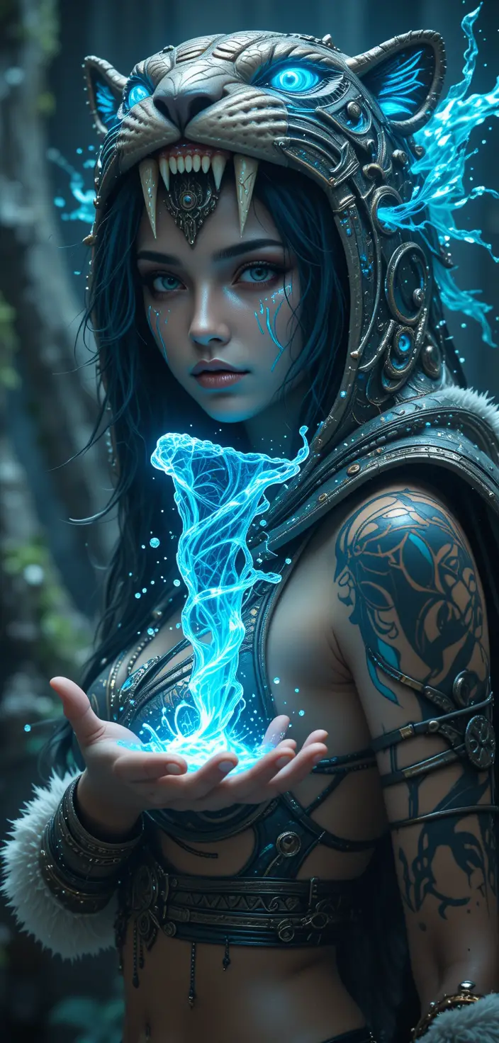 Fierce female warrior in jaguar headdress with water vortex