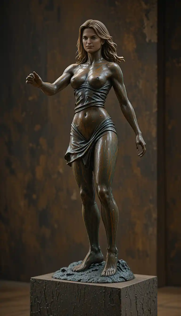 Bronze sculpture of a running athletic woman in motion