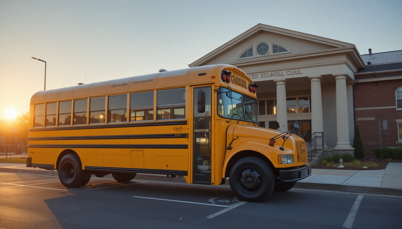 Yellow school bus outside school at sunrise