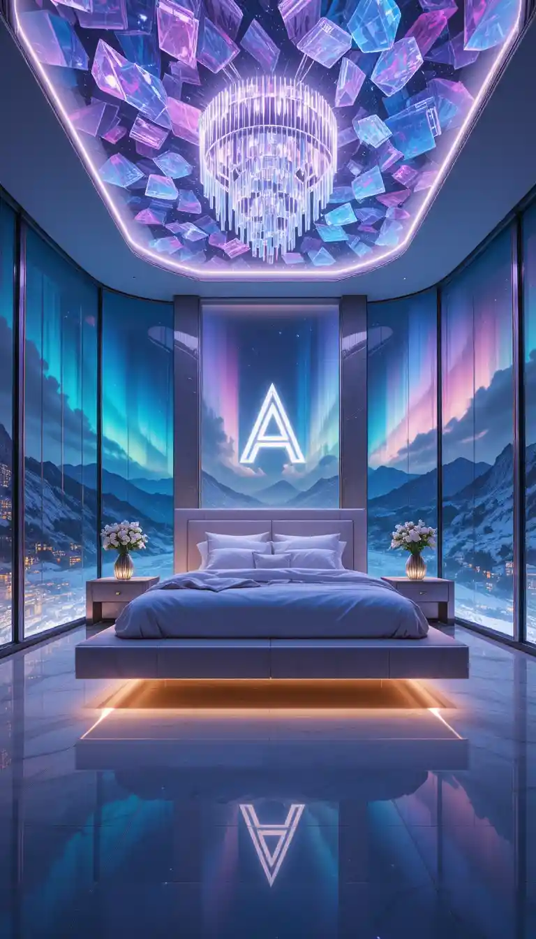 Luxury crystal bedroom with floating bed and aurora lights