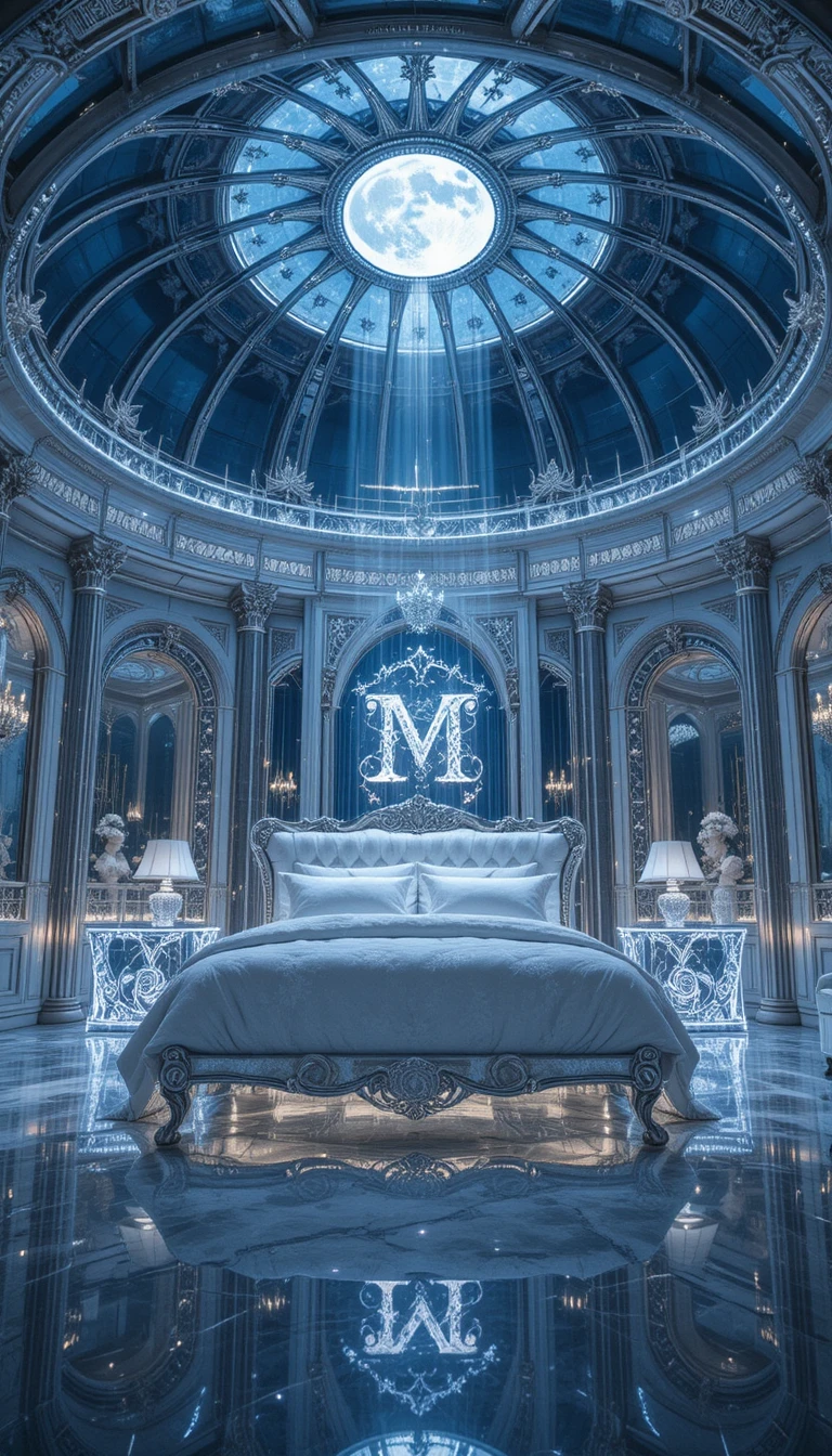 Silver crystal bedroom with glass dome ceiling and moonlight