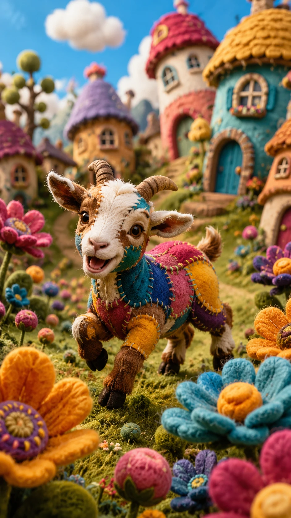 Chèvre naine colorée jouant dans un pré de fleurs fantastique