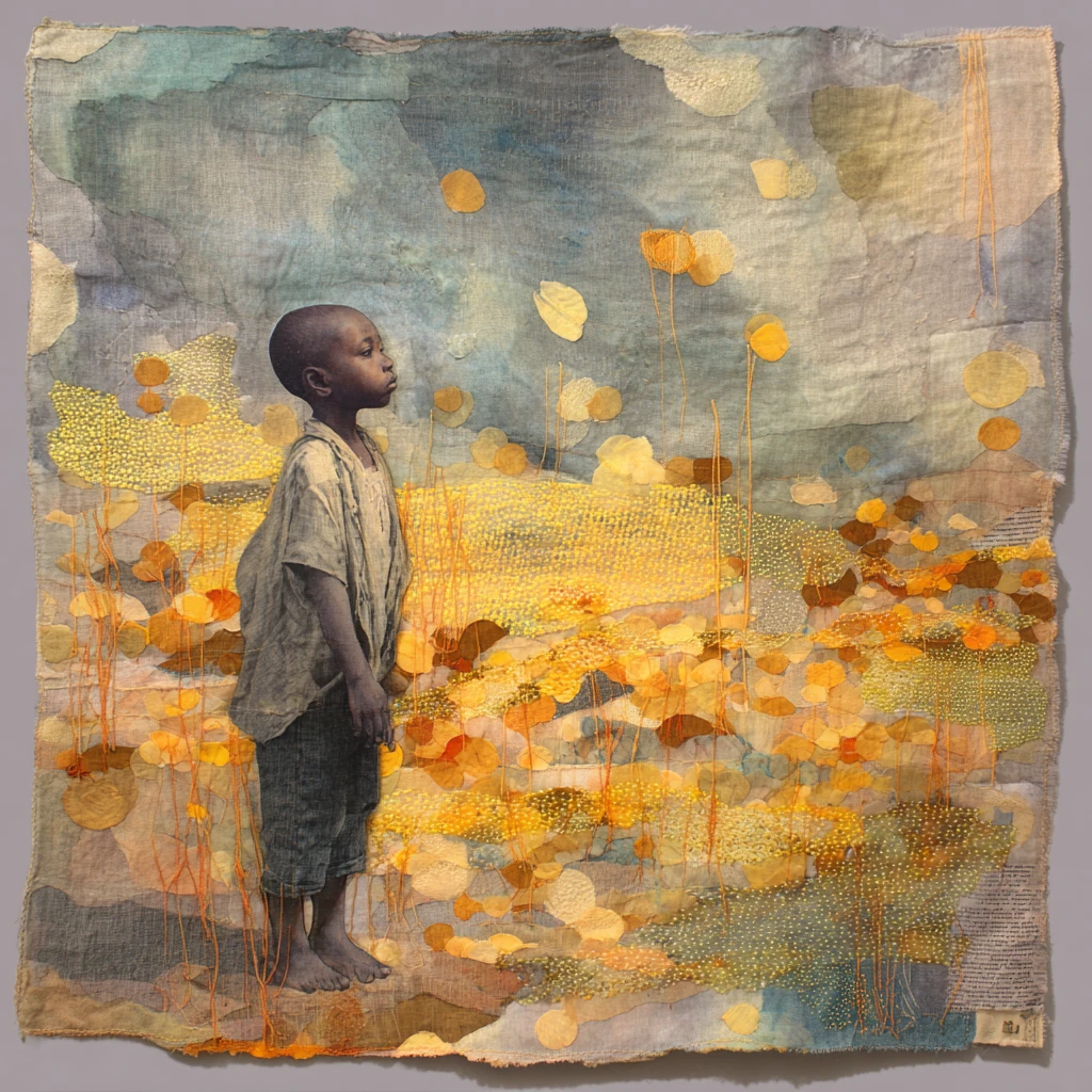 Layered textile collage of a solitary child in fabric fields