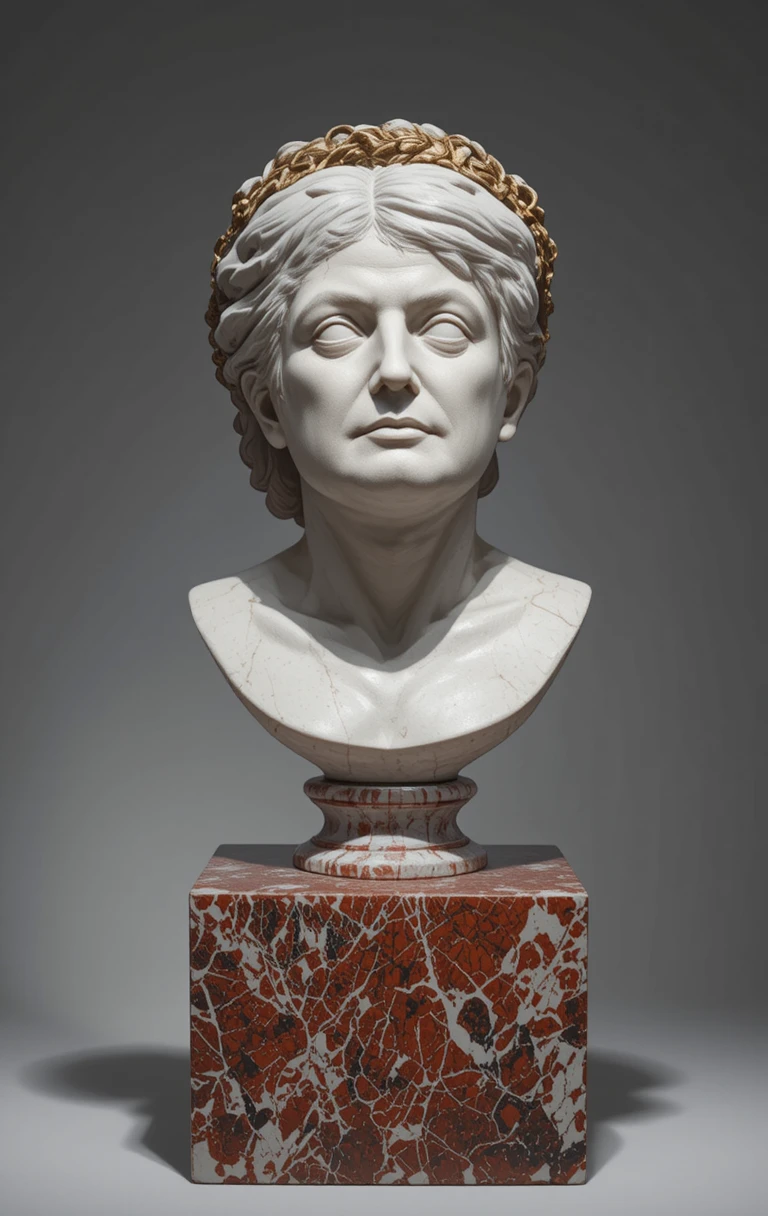 Classical marble bust of a serene woman on red pedestal
