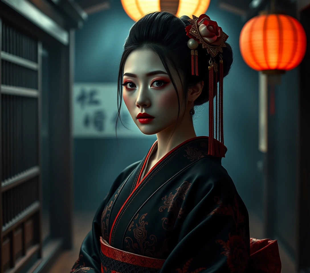 Dark geisha inspired woman in a moody Japanese interior