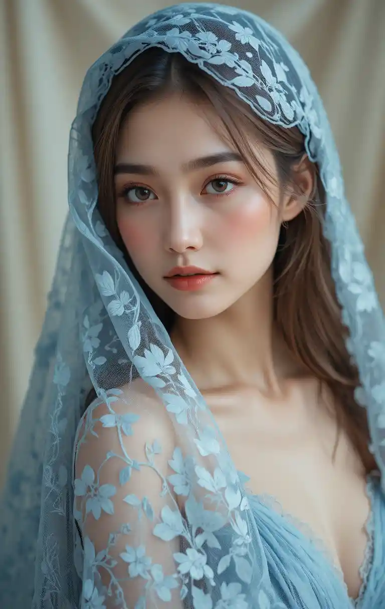 Young woman in lace veil with soft cinematic gaze