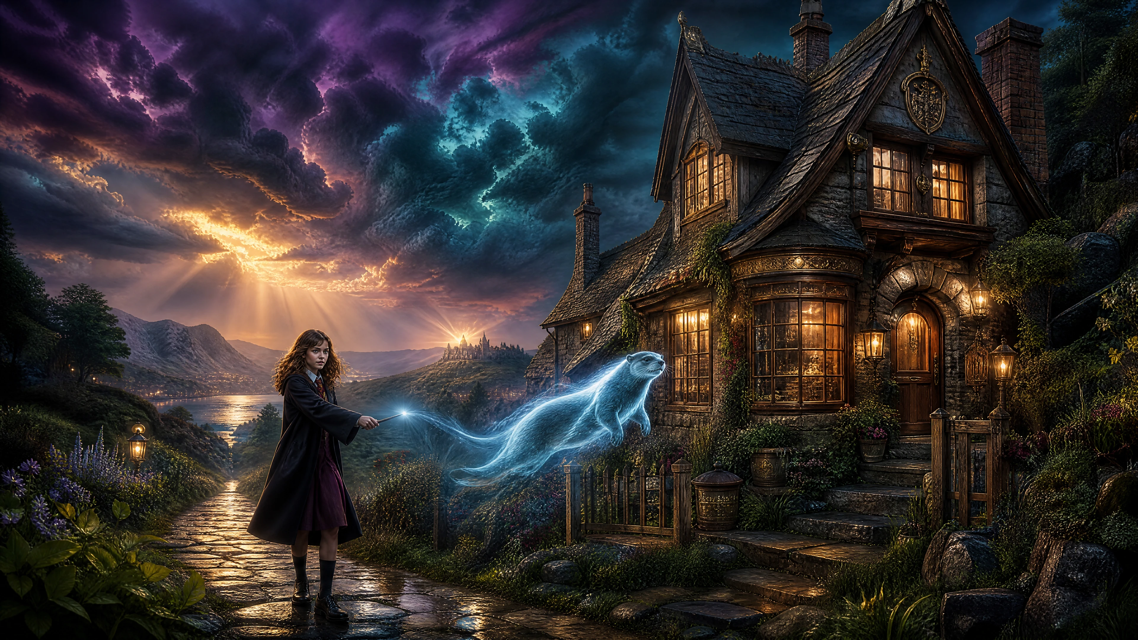 Magical English cottage under stormy fantasy skies