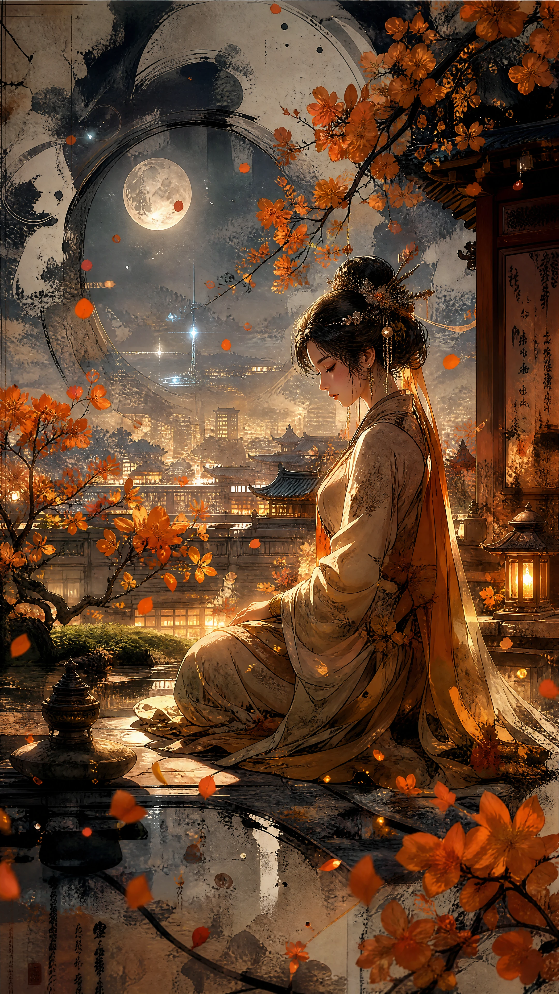 Mujer tradicional meditando en un jardín de santuario en la azotea iluminado por la luna