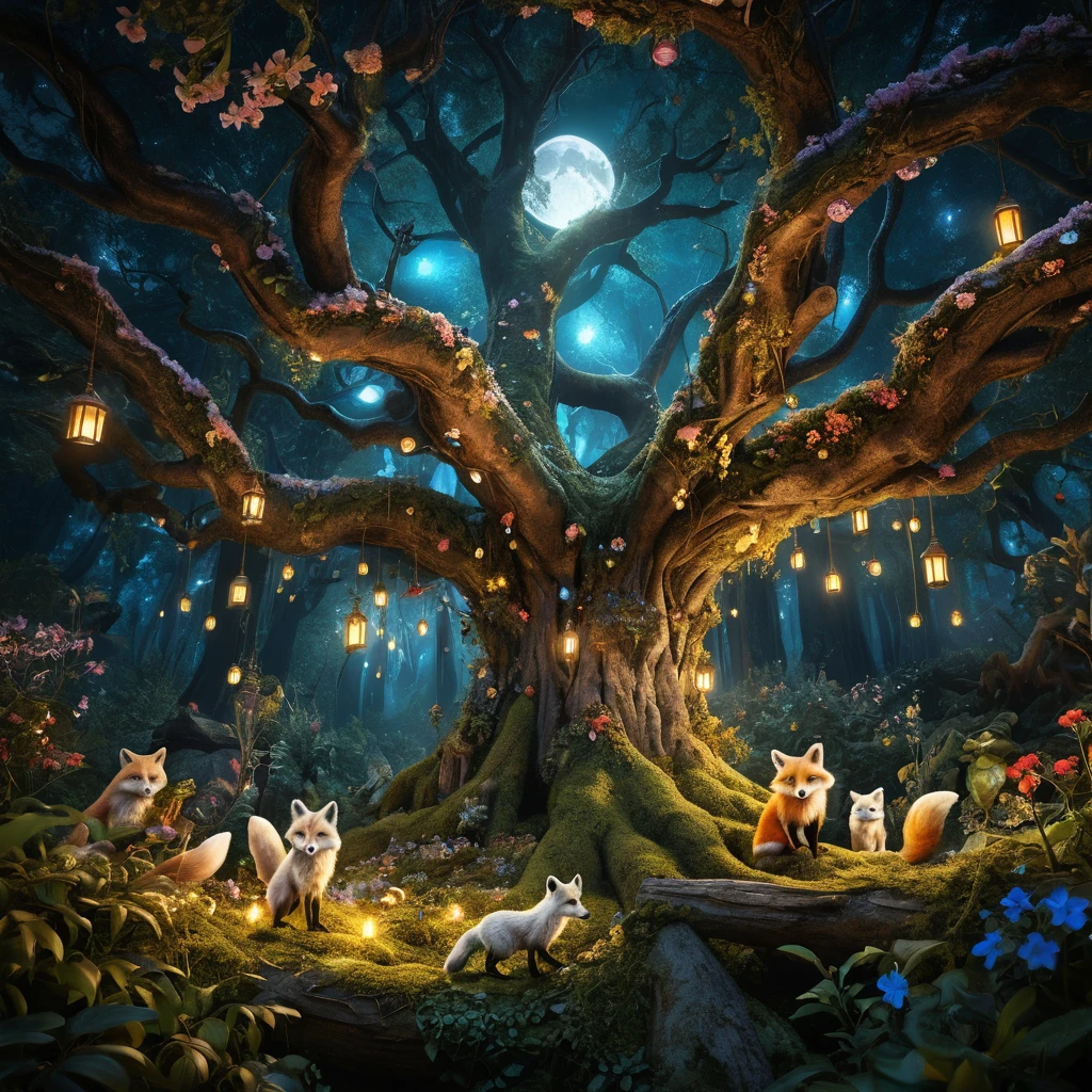 Enchanted White Fox In A Glowing Moonlit Forest