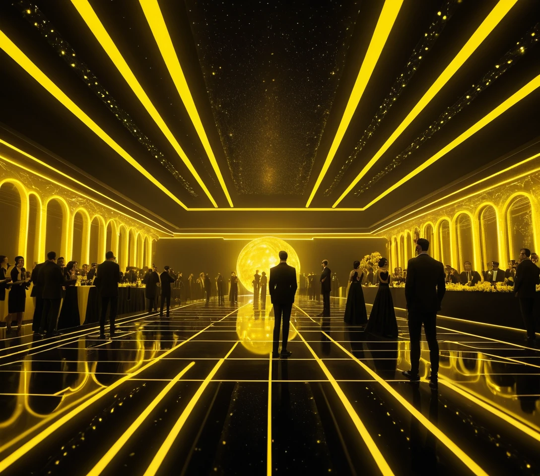 Crowd In Black Neon Wedding Attire Under Cosmic Yellow Sky