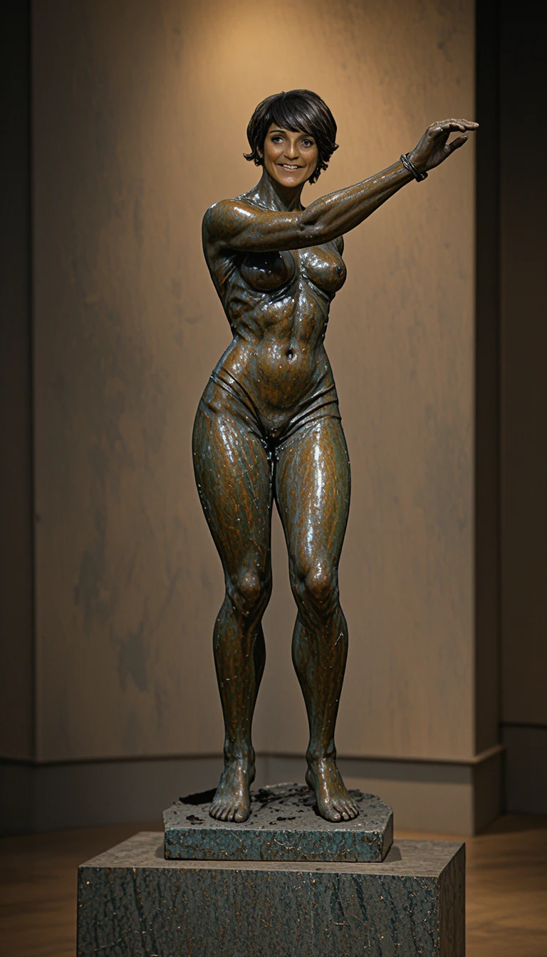 Bronze sculpture of athletic woman running on stone base