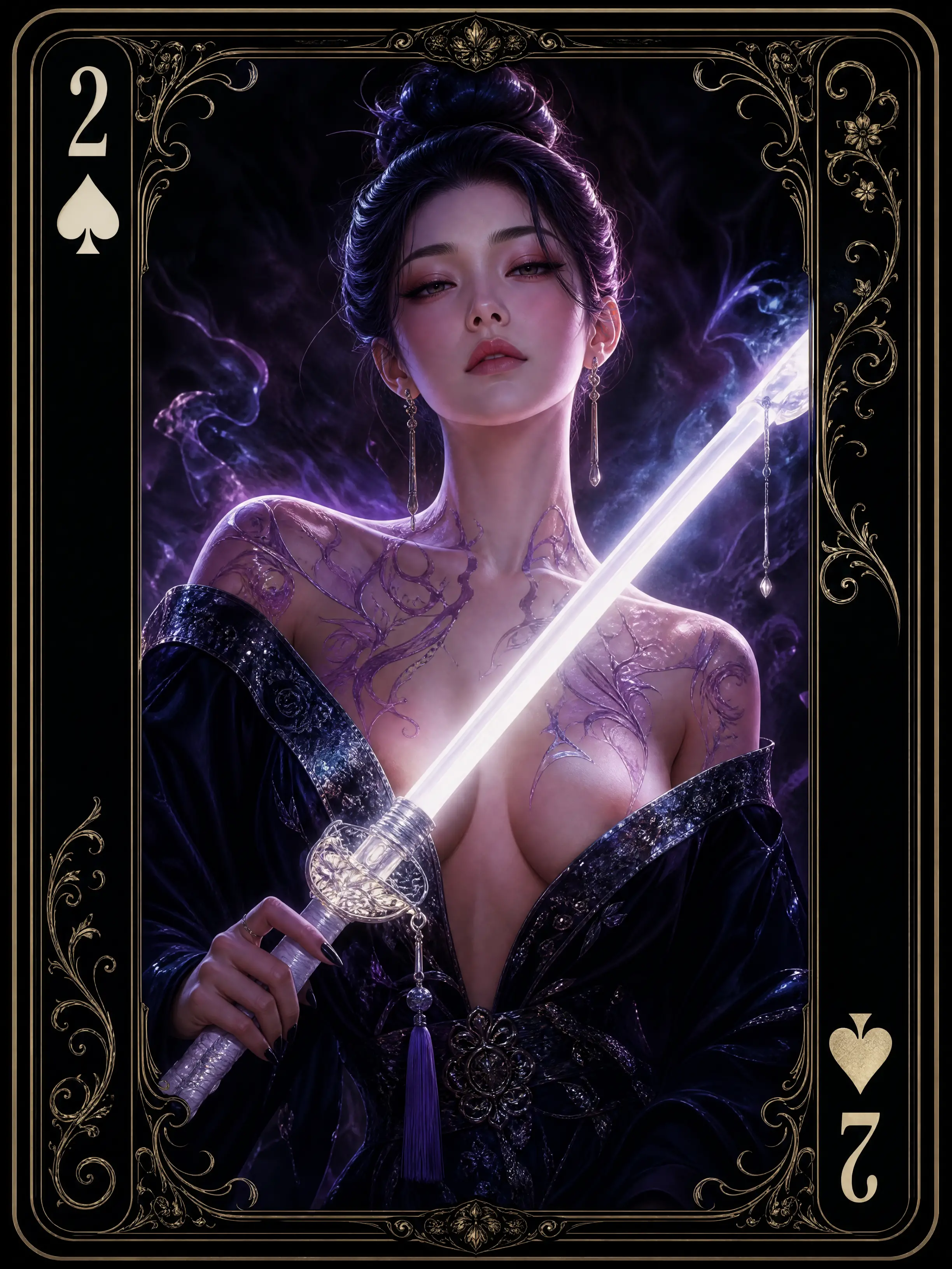 Demon huntress framed within a two of spades card