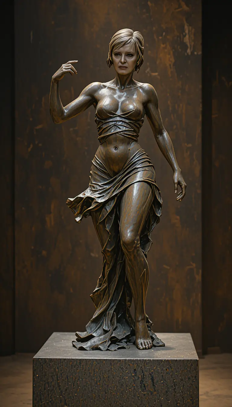 Bronze sculpture of a running athletic woman on pedestal