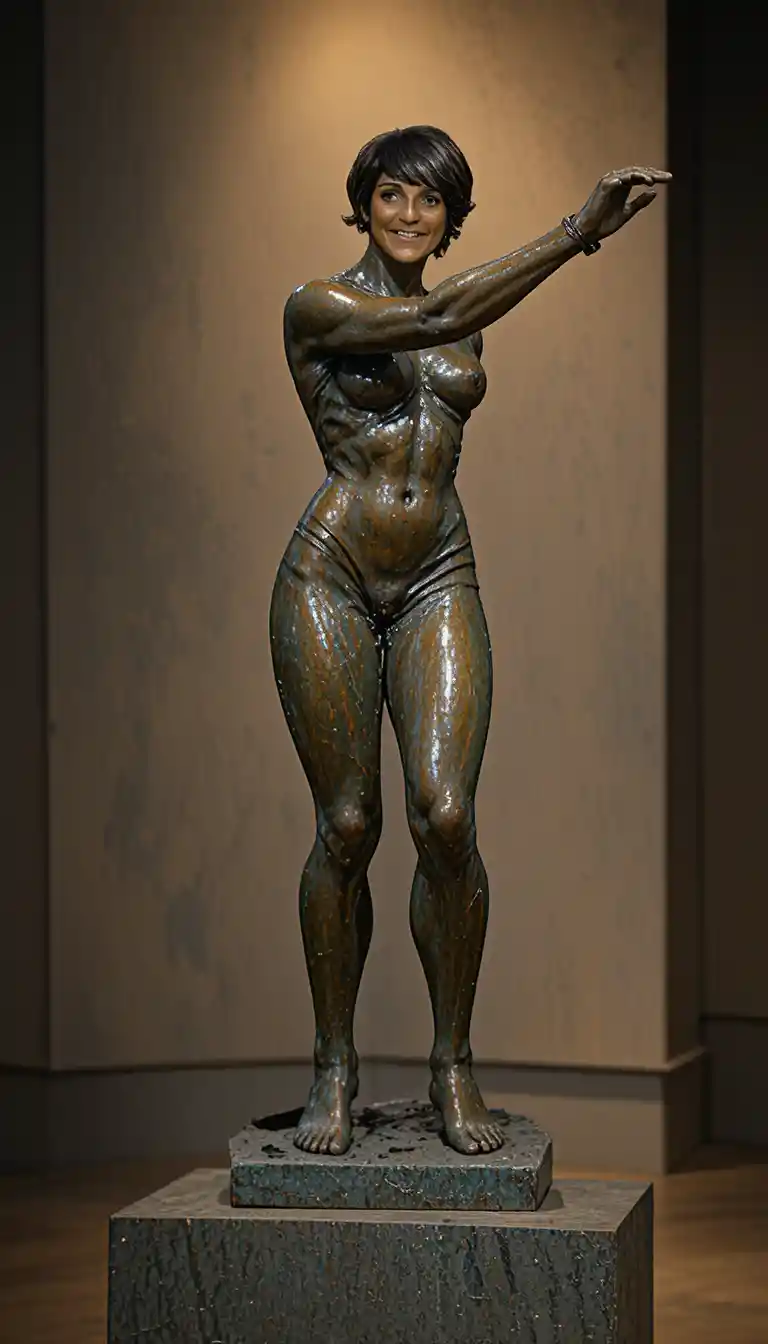 Bronzeskulptur einer sportlichen Frau, die auf einem Steinsockel läuft
