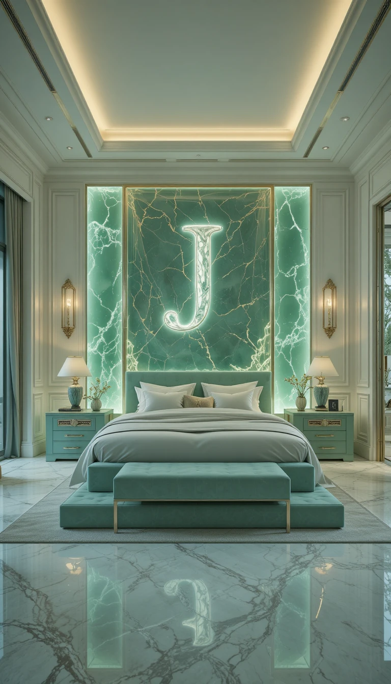 Luxurious jade crystal bedroom with glowing letter decor