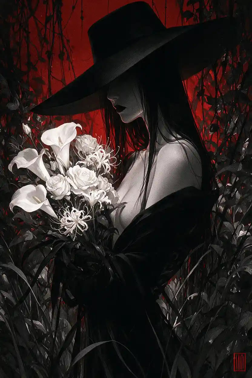 Elegant woman in black hat with white lilies