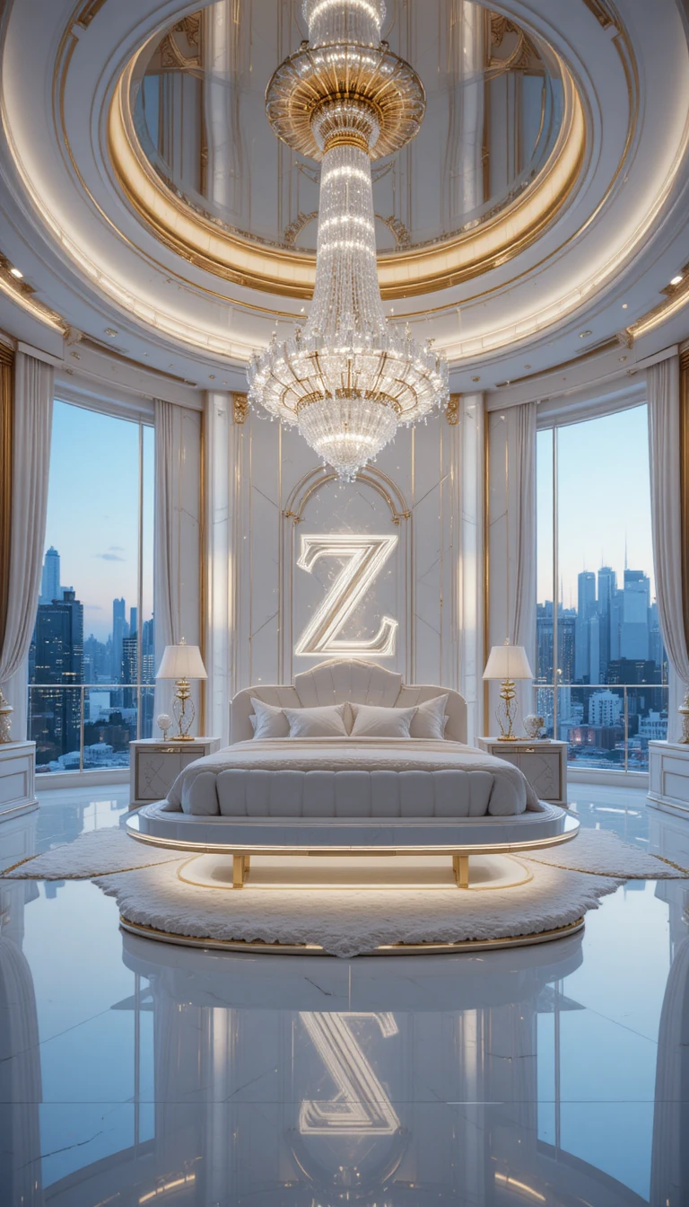 Luxurious white and gold crystal bedroom with floating bed