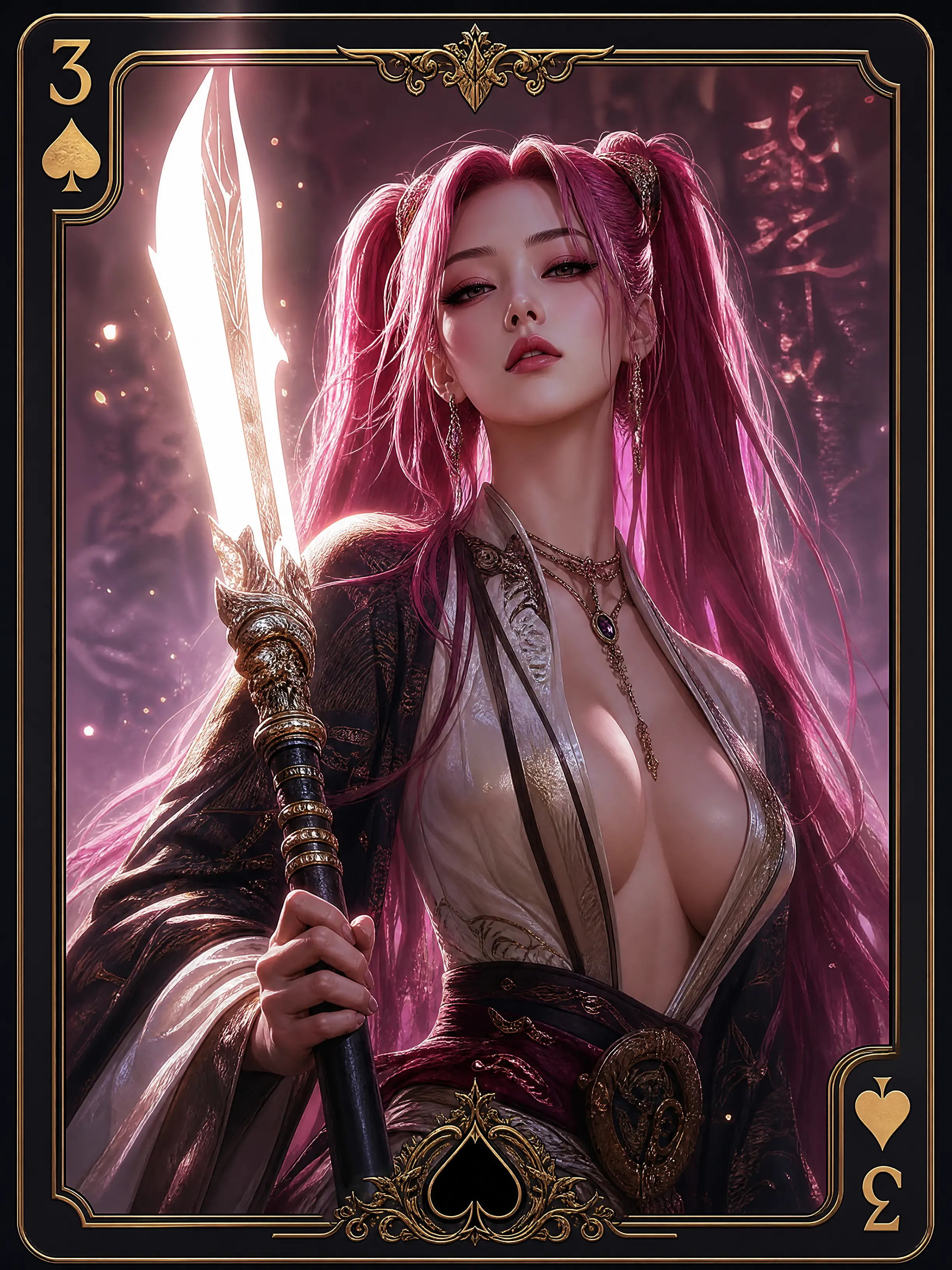 Pink haired warrior woman within three of spades card frame