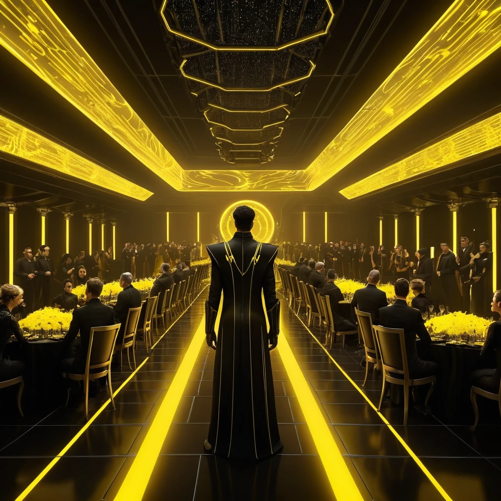 Crowd In Futuristic Black Wedding Attire With Neon Accents