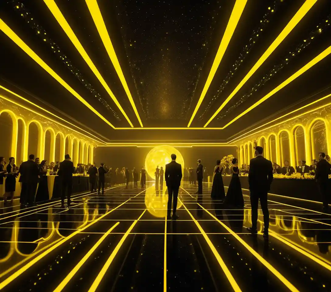 Crowd In Black Neon Wedding Attire Under Cosmic Yellow Sky