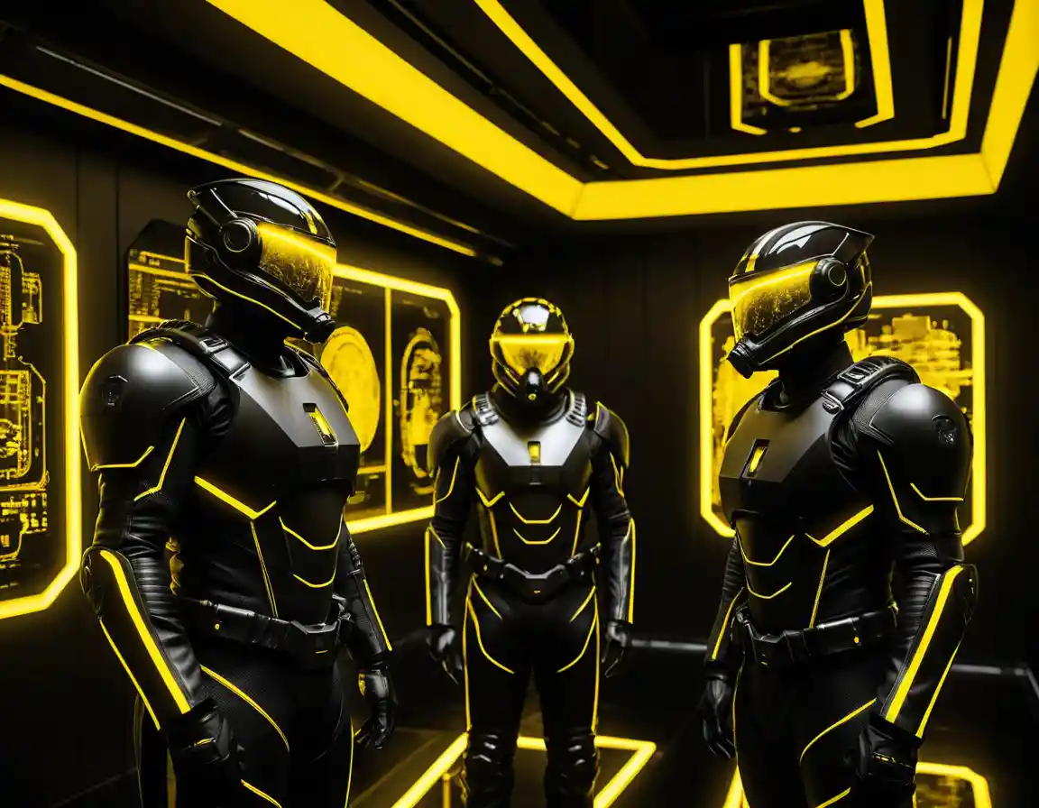 Futuristic officers gather in a neon lit cosmic interior