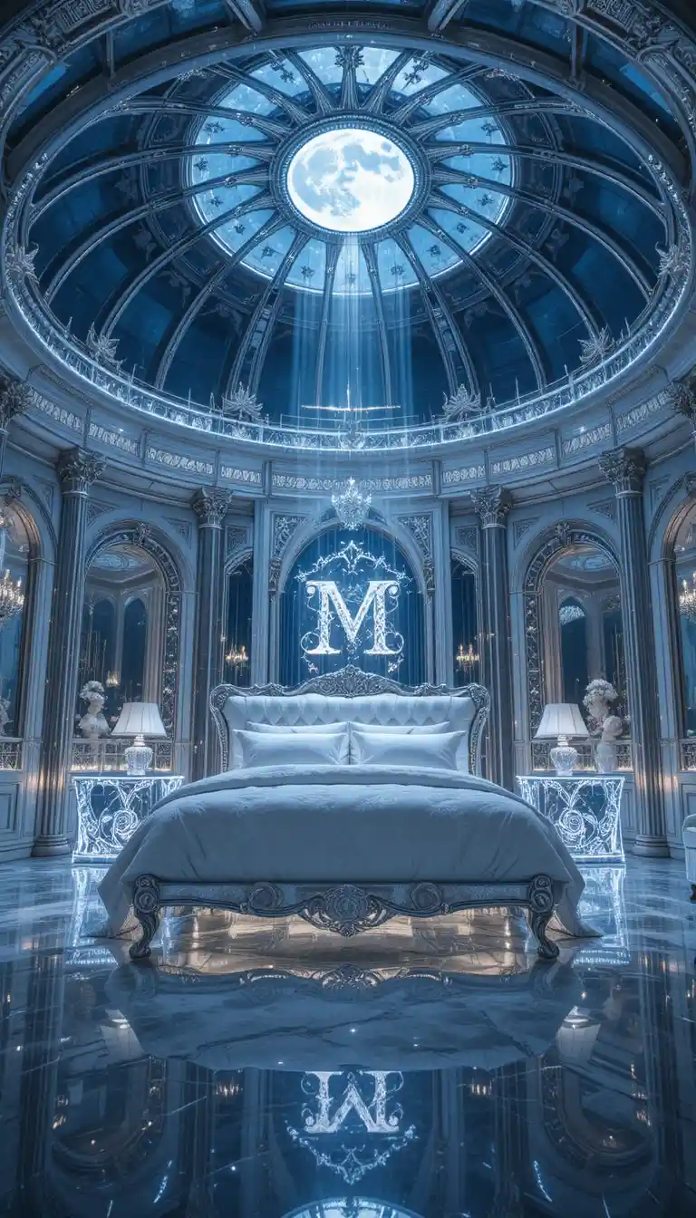 Silver crystal bedroom with glass dome ceiling and moonlight