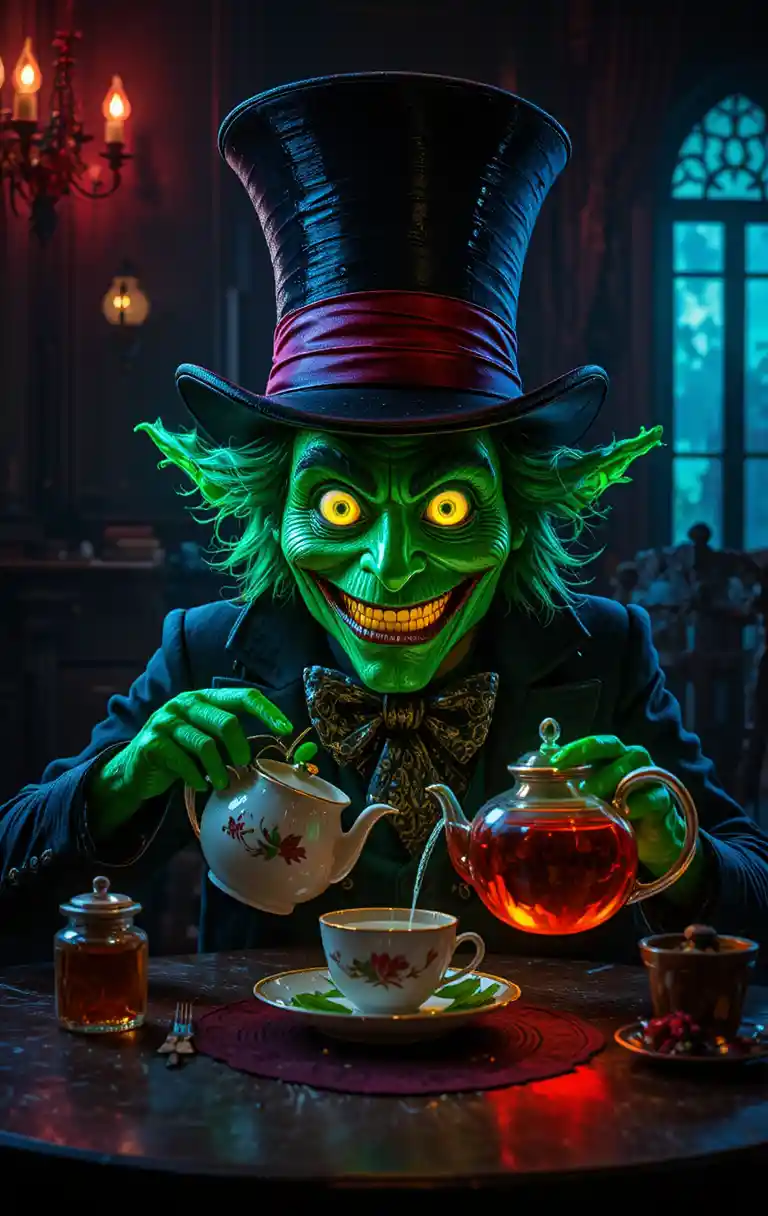 Green mad hatter pouring tea at a whimsical table