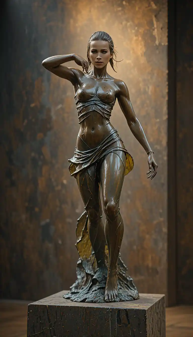 Bronze sculpture of athletic woman in powerful running stride